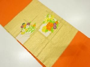 リサイクル　竹格子に草花模様織り出し名古屋帯